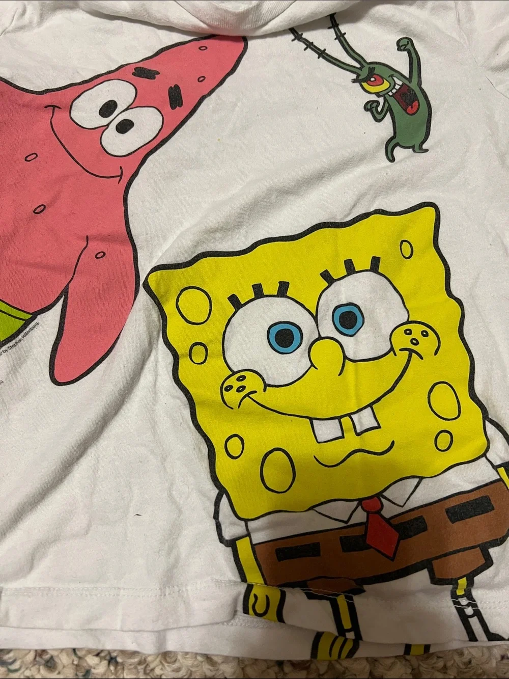 Old Navy White Tee with Yellow SpongeBob, Pink Patrick, and Green Plankton